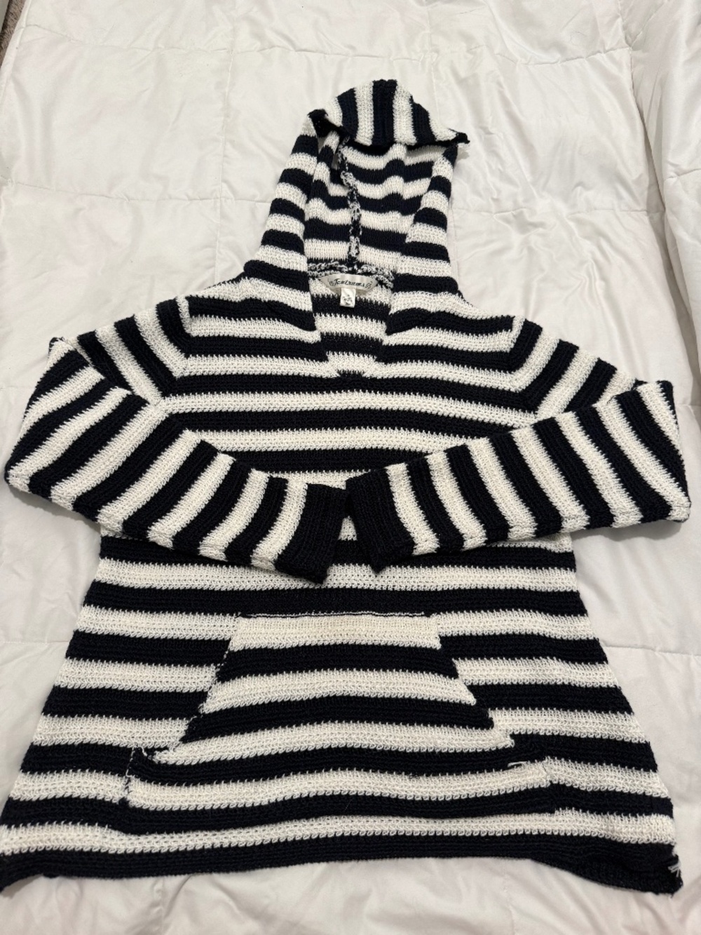 Tantrums M Black White Striped Hooded 90s vibe Sweater Open Knit Kangaroo Pocket